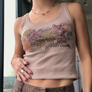 H&M ‘This Void Feels Eternal’ Hand Painted Brown Tank Top with Leaf Print Design